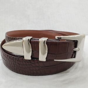 Torino belt men's 46 brown Croc Embossed Italian Calfskin leather silver buckle